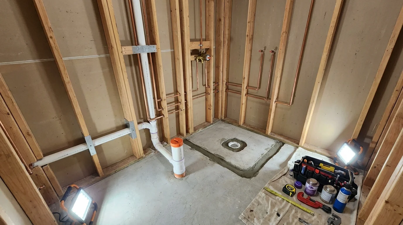 Bathroom rough-in plumbing during remodel by Johns Plumbing LLC in Fort Deposit