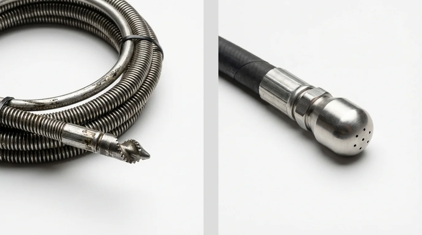 Drain snake cable and hydro jetting nozzle used for drain cleaning in Fort Deposit, AL