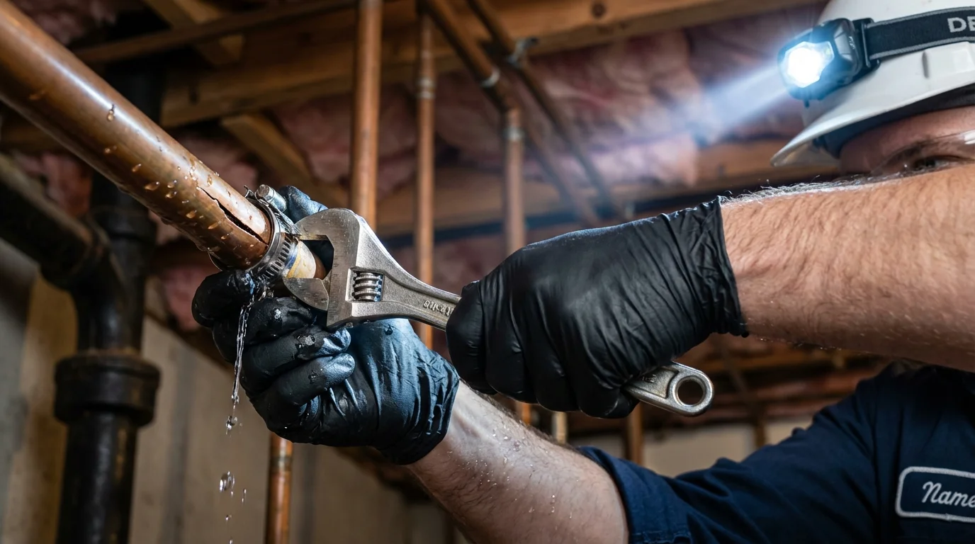 Emergency pipe clamp repair being performed by a Johns Plumbing LLC plumber in Fort Deposit