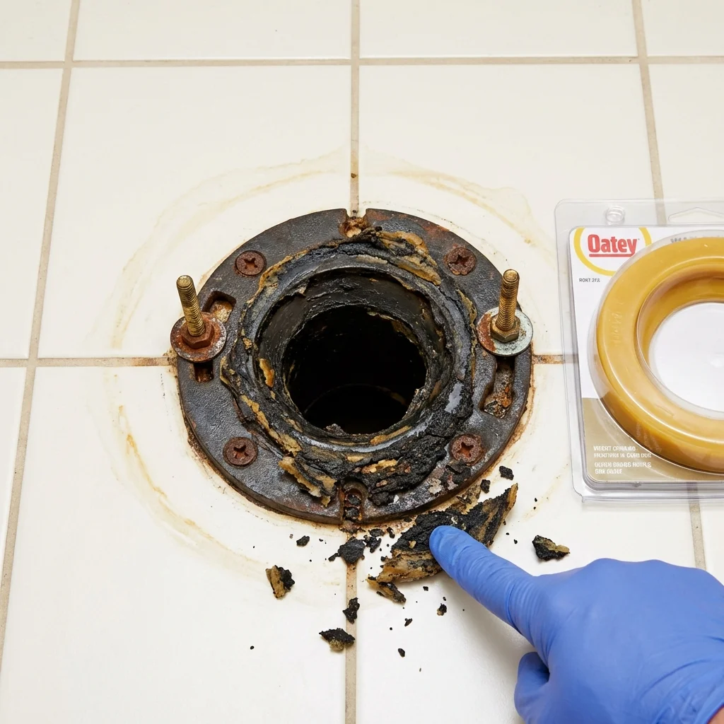 Failed wax ring showing water seepage at the base of a toilet in a Fort Deposit, AL home