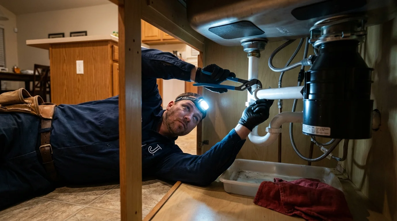P-trap and supply line connections under a kitchen sink showing a common leak point in Fort Deposit, AL